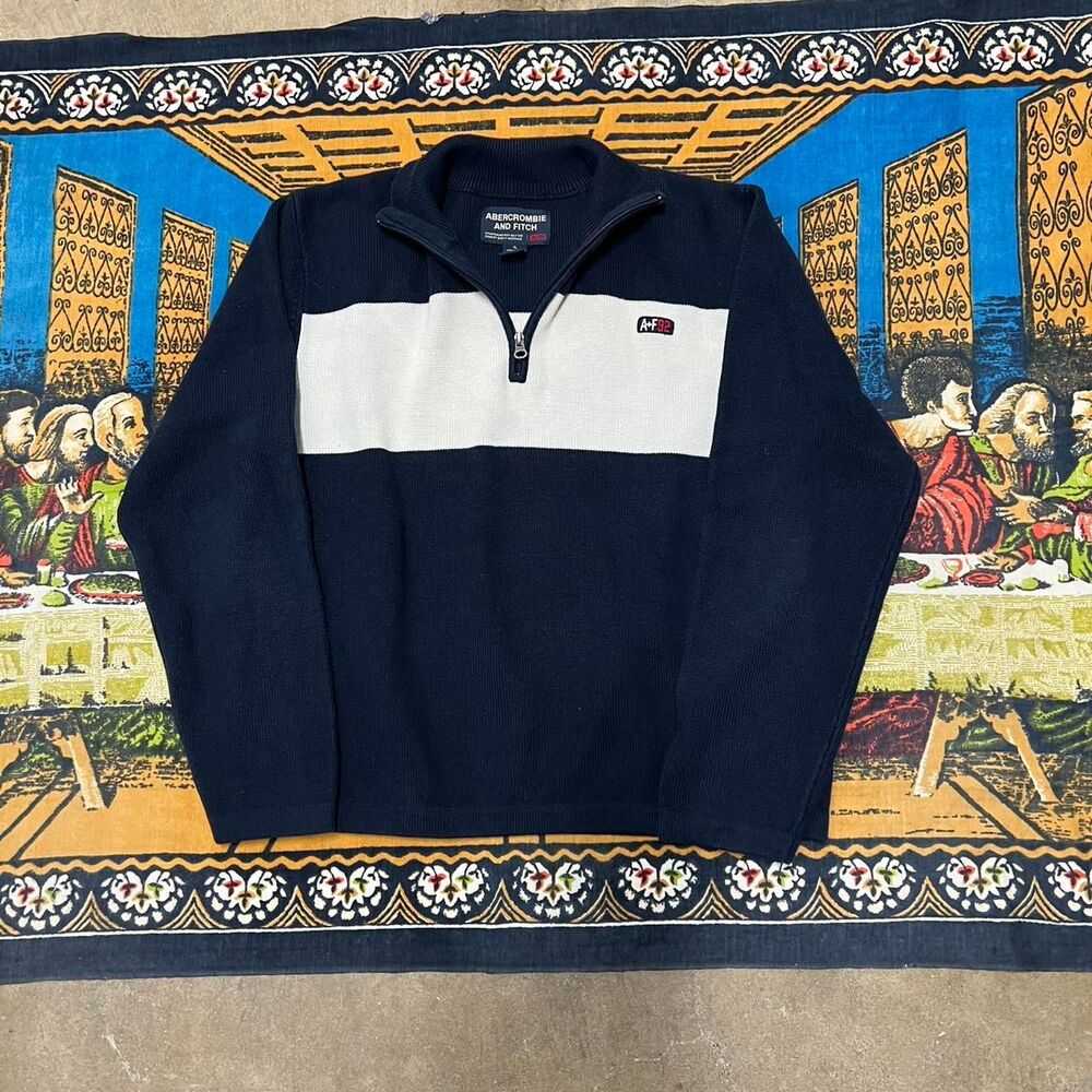 Vintage Abercrombie & Fitch quarter zip sweater size xl navy blue white striped